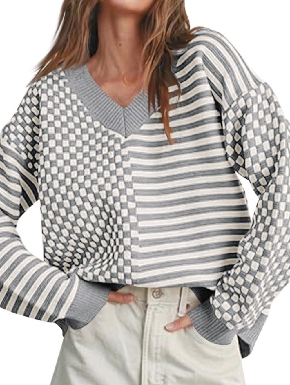 NWOT Gray Checkered Stripe Mix Print V Neck Sweater